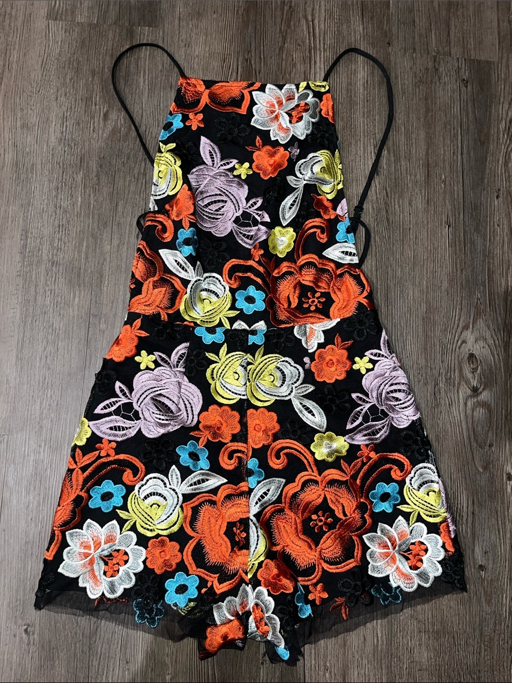 NASTY GAL Black Floral Embroidered Romper with Multicolor Flowers